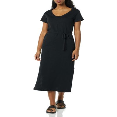 Amazon Essentials Women's Short Sleeve Belted Midi T-Shirt Dress, Black, X-Small