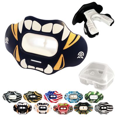 COOLLO SPORTS Lip Guard Mouthguard MAXX/Might Football and High Impact Sports Lip Protector for Adults & Youth (Strap Included) (Golden White Fangs -(Two Layers), with Case (Adult 8+))