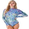 dPois Womens One Piece Mermaid Scale Print Swimwear Long Sleeve Rash Guard Monokini Swimsuit Green S/M view 2