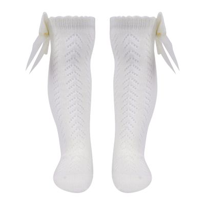 Hularka Baby Girls Knee High Mesh Socks Breathable Bowknot Dress Cotton Socks For Infants Toddlers Ivory 18-24 Months
