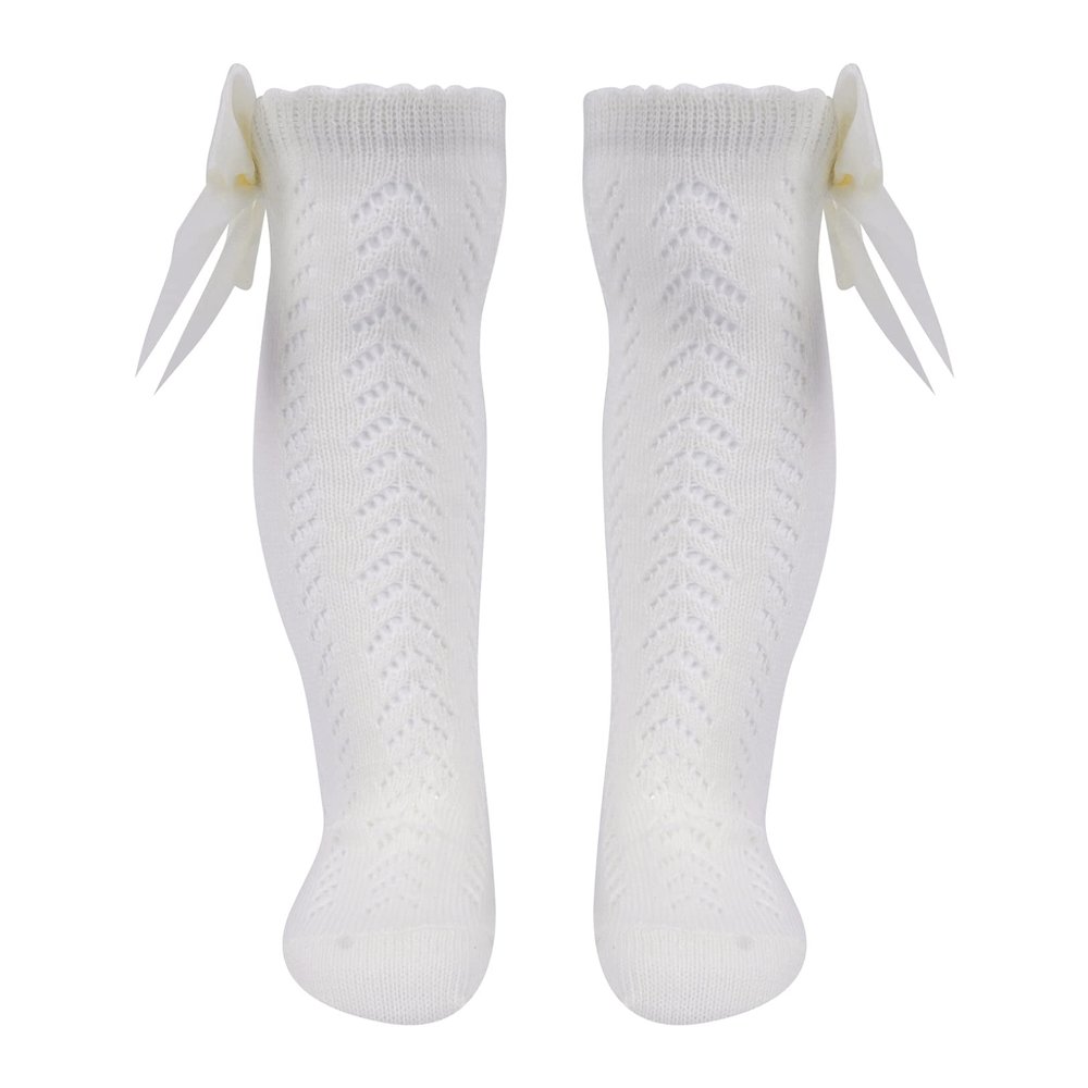 Hularka Baby Girls Knee High Mesh Socks Breathable Bowknot Dress Cotton Socks For Infants Toddlers Ivory 18-24 Months