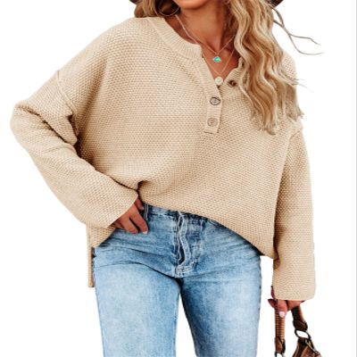 Saodimallsu Womens V Neck Henley Sweater Oversized Fall Sweaters Cozy Warm Long Sleeve Button up Knitted Pullover Tops Apricot