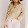 Saodimallsu Womens V Neck Henley Sweater Oversized Fall Sweaters Cozy Warm Long Sleeve Button up Knitted Pullover Tops Apricot view 2