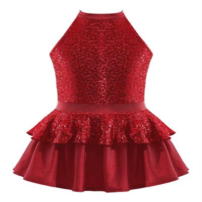 VernLan Girls Sequins Sleeveless Ruffle Hem Tutu Dress Kids Ballerina Ballet Leotard Dancewear Performance Costume Burgundy 4 Years