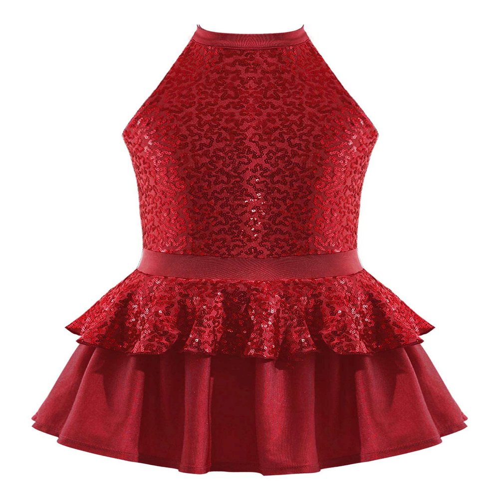 VernLan Girls Sequins Sleeveless Ruffle Hem Tutu Dress Kids Ballerina Ballet Leotard Dancewear Performance Costume Burgundy 4 Years