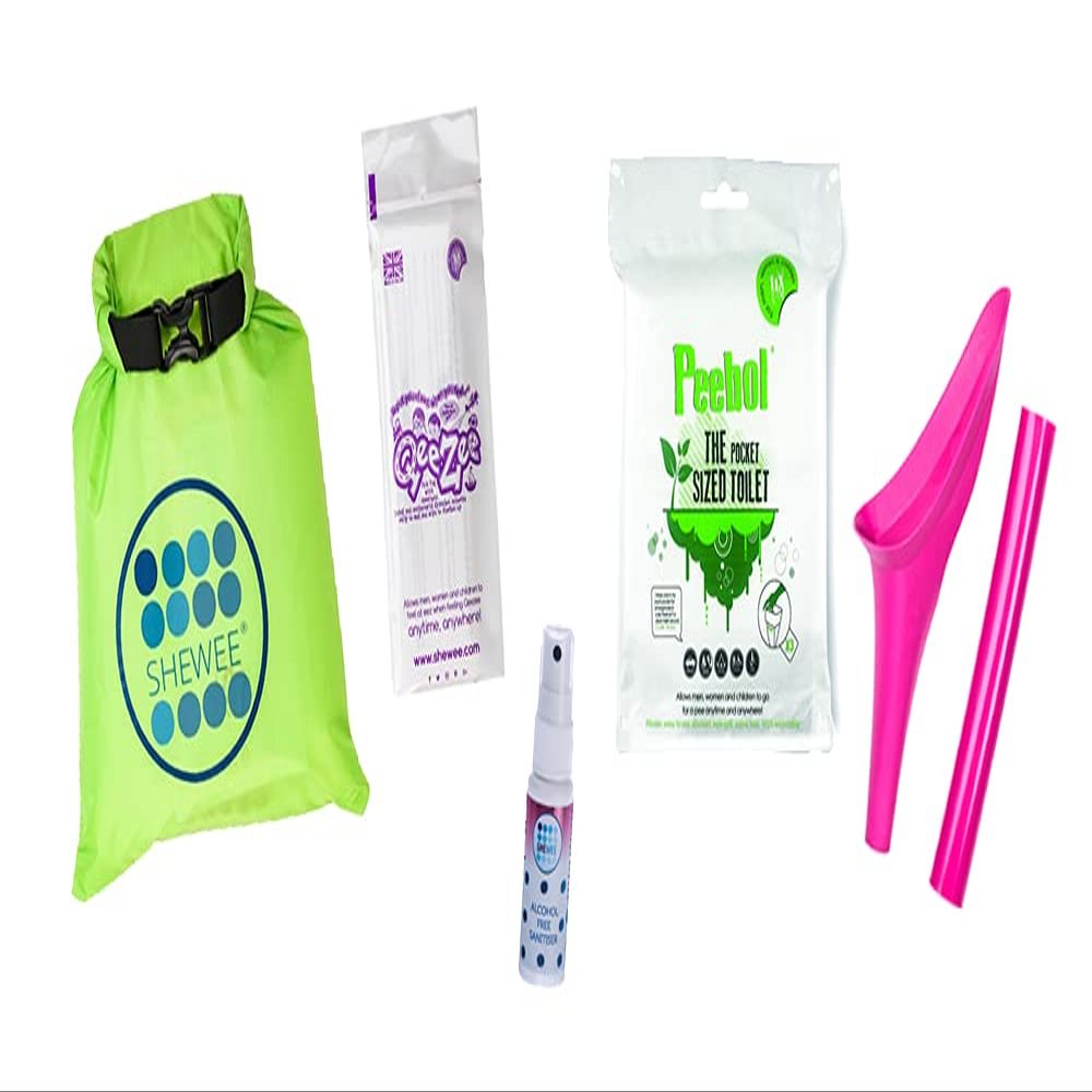 SHEWEE Flexi Travel Pack - Includes Reusable Pee Funnel, Peebol Pocket Sized Toilet, Hand Sanitiser and Dry Bag (Pink)