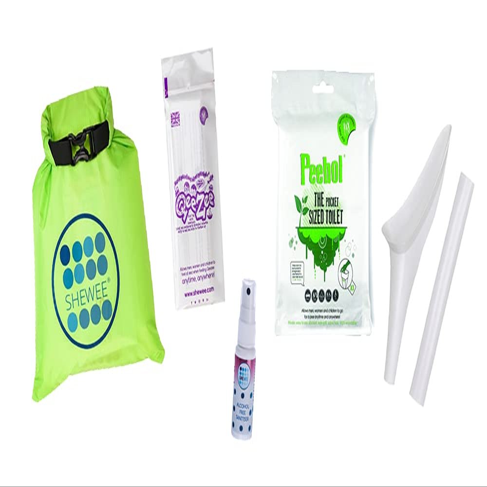 SHEWEE Flexi Travel Pack - Includes Reusable Pee Funnel, Peebol Pocket Sized Toilet, Hand Sanitiser and Dry Bag (White)