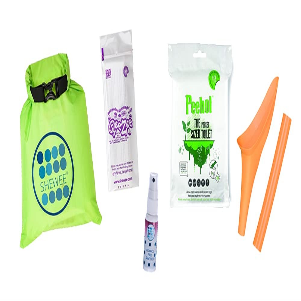 SHEWEE Flexi Travel Pack - Includes Reusable Pee Funnel, Peebol Pocket Sized Toilet, Hand Sanitiser and Dry Bag (White)