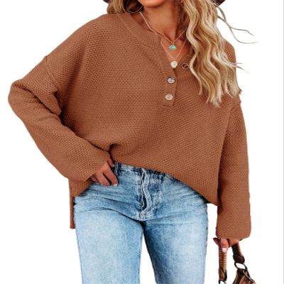 Saodimallsu Womens Oversized V Neck Batwing Long Sleeve Button Soft Fall Winter Cozy Chunky Knitted Pullover Sweaters Brown