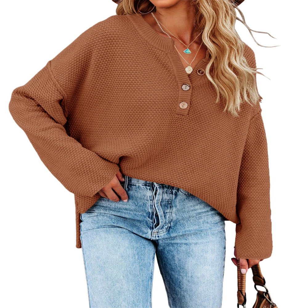 Saodimallsu Womens Oversized V Neck Batwing Long Sleeve Button Soft Fall Winter Cozy Chunky Knitted Pullover Sweaters Brown