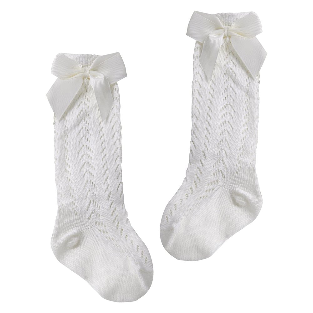 Duoremi Baby Girls Princess Bowknot Socks Knee High Socks Breathable Stretchy Knit Stockings Ivory 18-24 Months