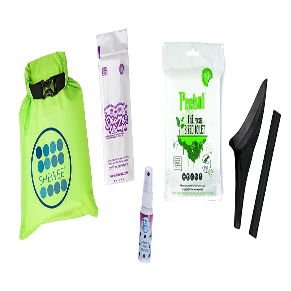SHEWEE Flexi Travel Pack - Includes Reusable Pee Funnel, Peebol Pocket Sized Toilet, Hand Sanitiser and Dry Bag (Black)