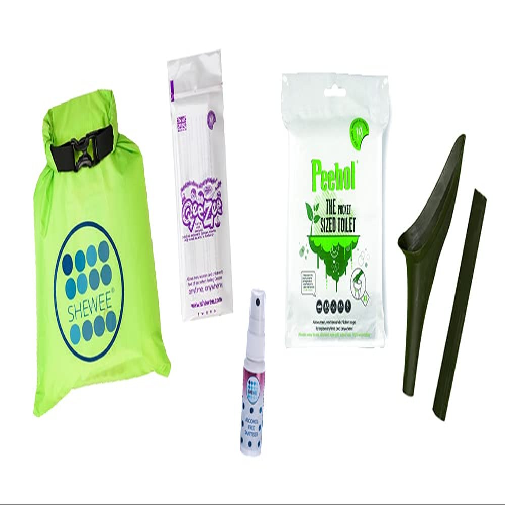 SHEWEE Flexi Travel Pack - Includes Reusable Pee Funnel, Peebol Pocket Sized Toilet, Hand Sanitiser and Dry Bag (NATO Green)