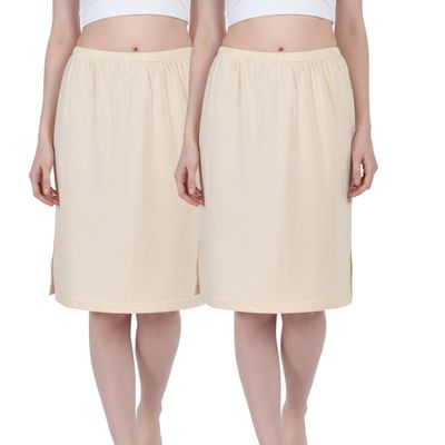 Aimly Women's Cotton Knee Length Underdress Side Slit Everyday Layers Half Slip Skirt Beige 2 Pieces