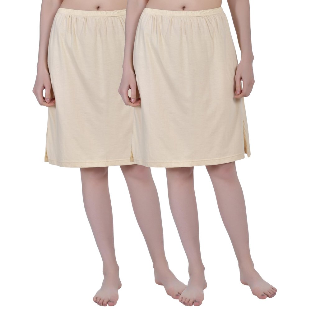 Aimly Women's Cotton Knee Length Underdress Side Slit Everyday Layers Half Slip Skirt Beige 2 Pieces