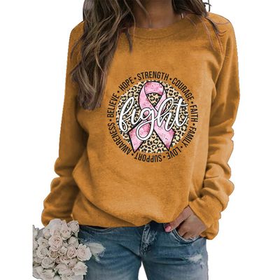 Womens Fight Breast Cancer Sweatshirt Leopard Print Pullover Tops Casual Long Sleeves Crewneck Sweatshirt Yellow