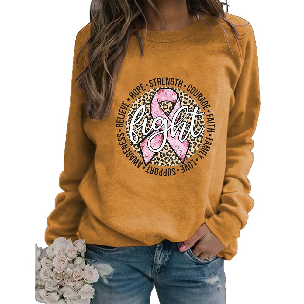 Womens Fight Breast Cancer Sweatshirt Leopard Print Pullover Tops Casual Long Sleeves Crewneck Sweatshirt Yellow