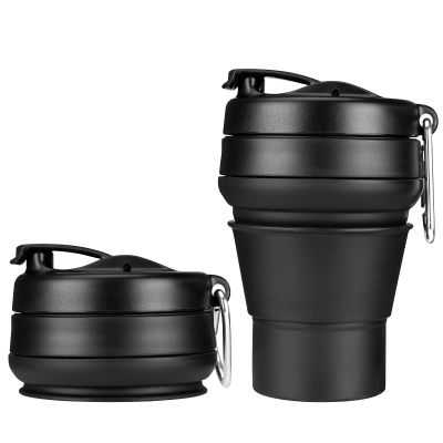EASYXQ Collapsible Coffee Cup, 16 OZ 480ml Large Silicone Folding Camping Mug, Leak Proof BPA Free Portable, Travel Bottle with Lids for hiking, Microwave & Dishwasher Safe (Black)