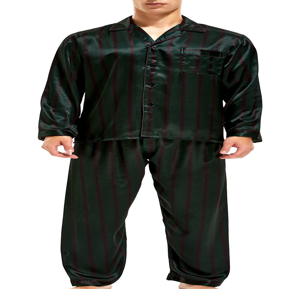 Sanraflic Men's Satin Pajamas Long Button-Down Pj Set Sleepwear Loungewear (Green Wine Red Striped, XX-Large)