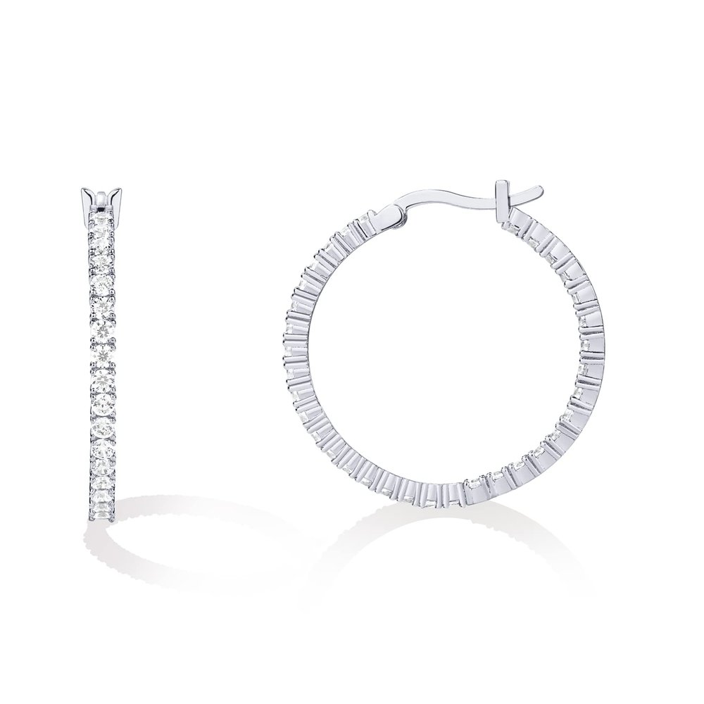 PAVOI 14K Gold Plated 925 Sterling Silver Post Cubic Zirconia Hoop Earrings | White Gold Hoops | 30mm