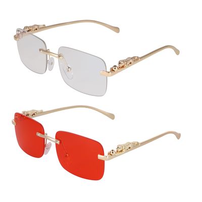 FLAWLESS EYEWEAR Rimless Oversized Sunglasses for Women Men Rectangular Frameless Fashion Shades (2 PACK: Clear and Red)