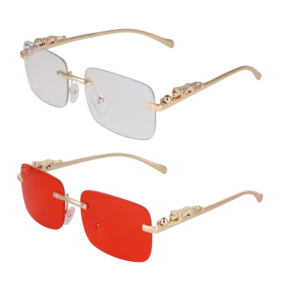 FLAWLESS EYEWEAR Rimless Oversized Sunglasses for Women Men Rectangular Frameless Fashion Shades (2 PACK: Clear and Red)