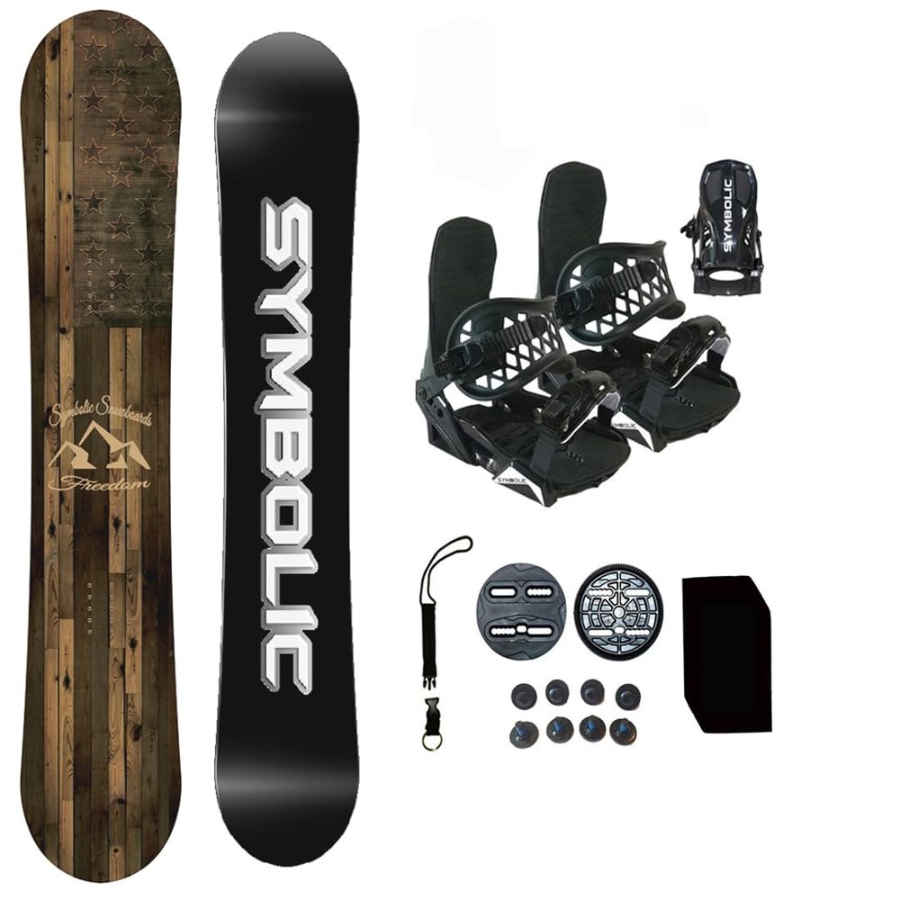 Symbolic Freedom USA Youth Kids Snowboard & Bindings Stomp Pad, Leash Package (Bindings Black XS (fits1-6 Kids), 140cm Snowboard Freedom)