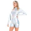 ABAFIP Women's Shiny Vinyl Liquid Metallic Wet Look Leather Turtleneck Long Sleeve Gymnastic Dance Leotard Bodysuit One Piece Shorts Jumpsuit Holographic Clubwear Laser silver Medium view 1