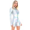 ABAFIP Women's Shiny Vinyl Liquid Metallic Wet Look Leather Turtleneck Long Sleeve Gymnastic Dance Leotard Bodysuit One Piece Shorts Jumpsuit Holographic Clubwear Laser silver Medium view 2