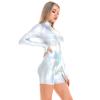 ABAFIP Women's Shiny Vinyl Liquid Metallic Wet Look Leather Turtleneck Long Sleeve Gymnastic Dance Leotard Bodysuit One Piece Shorts Jumpsuit Holographic Clubwear Laser silver Medium view 3