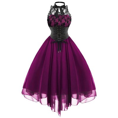 Women's Sleeveless Gothic Dress with Corset Halter Lace Swing Cocktail Dress Formal Halloween Punk Hippie Dresses Hot Pink