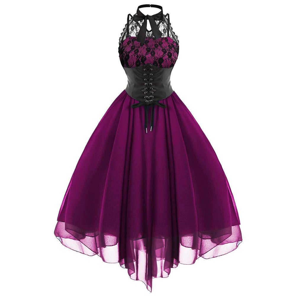 Women's Sleeveless Gothic Dress with Corset Halter Lace Swing Cocktail Dress Formal Halloween Punk Hippie Dresses Hot Pink