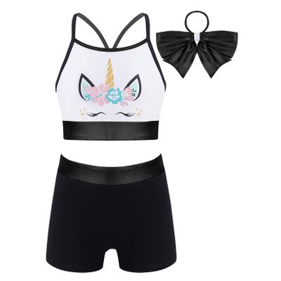 Moggemol Kids Girls 2 Piece Sports Outfit Shiny Crop Top with Booty Shorts for Gymnastics/Dance/Swimming Black,Cratoon 12