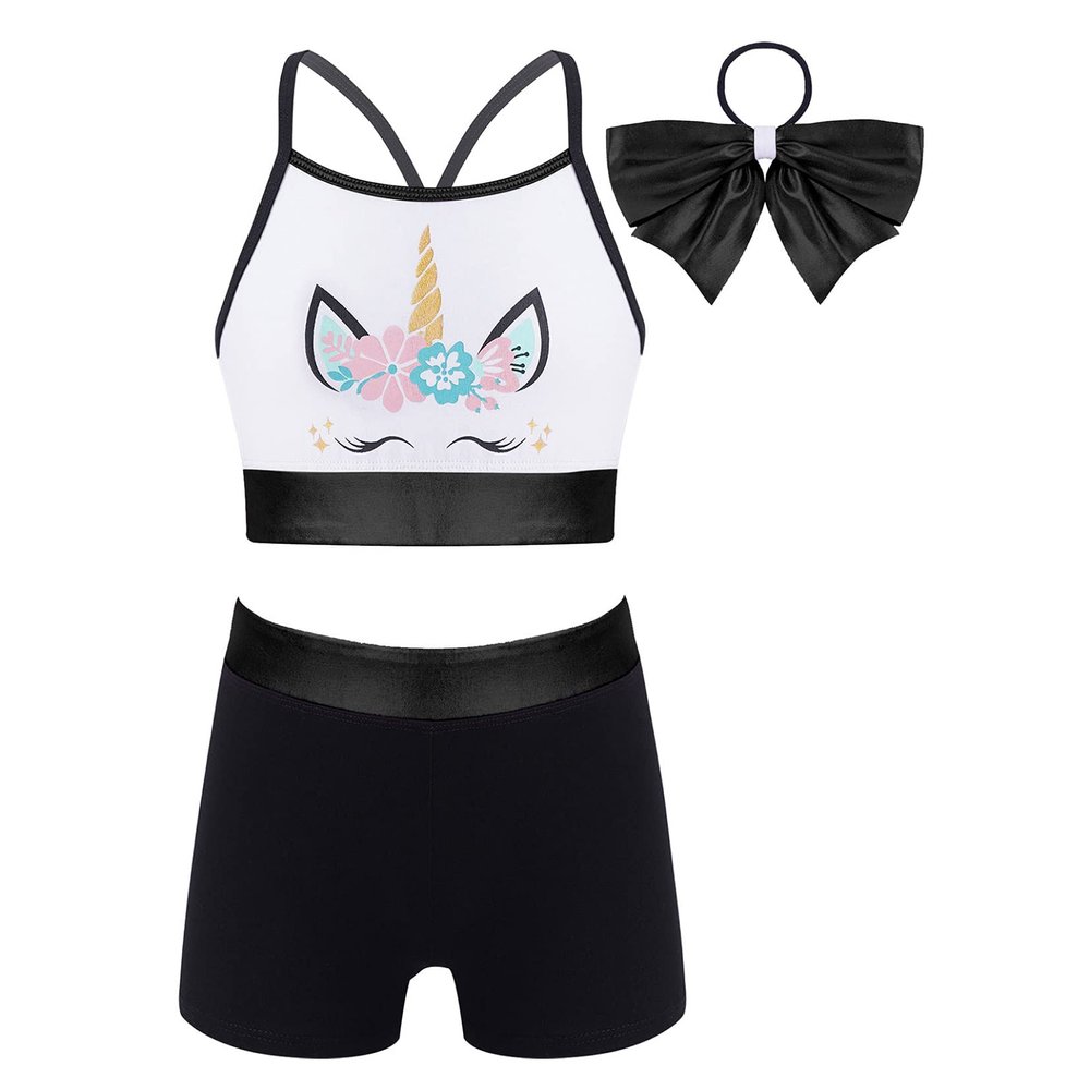 Moggemol Kids Girls 2 Piece Sports Outfit Shiny Crop Top with Booty Shorts for Gymnastics/Dance/Swimming Black,Cratoon 12