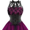 Women's Sleeveless Gothic Dress with Corset Halter Lace Swing Cocktail Dress Formal Halloween Punk Hippie Dresses Hot Pink view 3