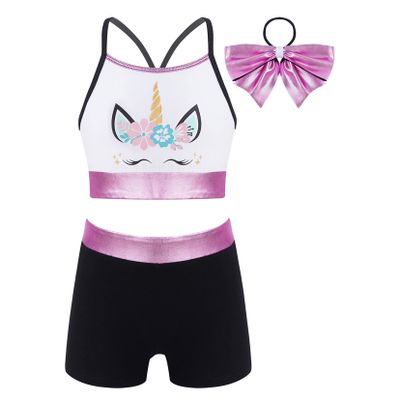 Moggemol Kids Girls 2 Piece Sports Outfit Shiny Crop Top with Booty Shorts for Gymnastics/Dance/Swimming Hotpink,Cratoon 12