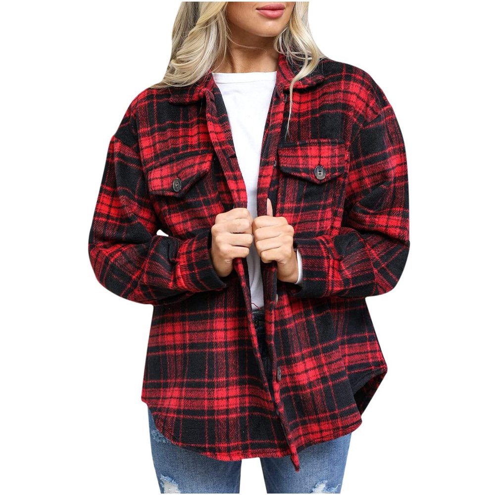 Buffalo Plaid Shirt Women Fashion Flannel Button Down Shacket Jacket Fall Loose Comfy Casual Plaid Coat Outwear Red