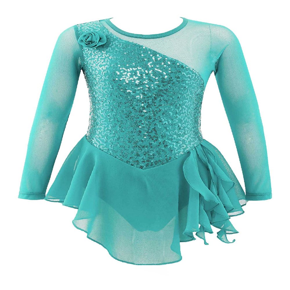 VernLan Kids Big Girls Mesh Splice Figure Ice Skating Dress Ballet Dance Leotard Skirts Performance Competition Costumes Mint Green 4 Years