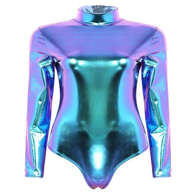 ACSUSS Womens Shiny Leather Long Sleeve Mock Neck Gymnastic Dance Leotard Bodysuit Clubwear Blue XX-Large