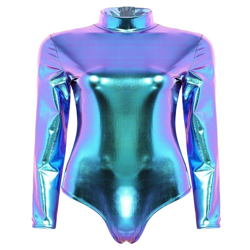 ACSUSS Womens Shiny Leather Long Sleeve Mock Neck Gymnastic Dance Leotard Bodysuit Clubwear Blue XX-Large