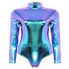 ACSUSS Womens Shiny Leather Long Sleeve Mock Neck Gymnastic Dance Leotard Bodysuit Clubwear Blue XX-Large view 1
