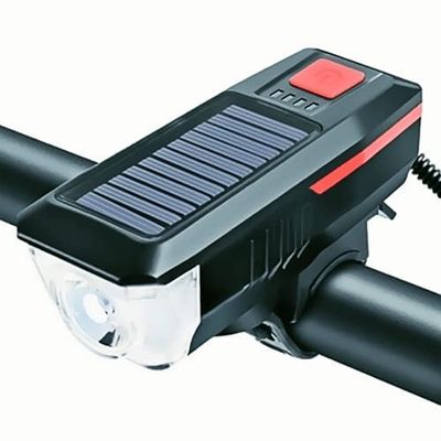 Bike Lights for Night Riding,Solar Charging Bicycle Light 3 Modes LED Road Mountain Bike Front Light Waterproof Bicycle Bell Light USB Rechargeable Headlight (Red)