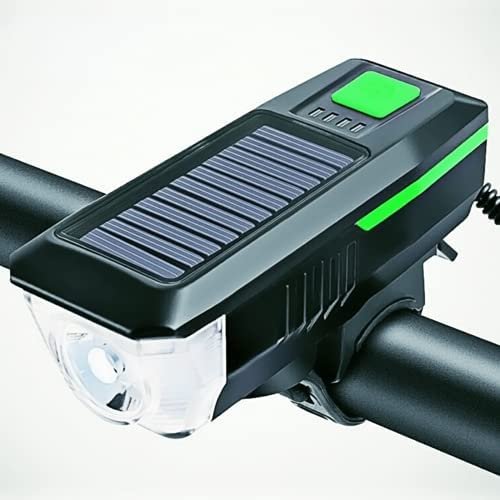 Bike Lights for Night Riding,Solar Charging Bicycle Light 3 Modes LED Road Mountain Bike Front Light Waterproof Bicycle Bell Light USB Rechargeable Headlight (Green)