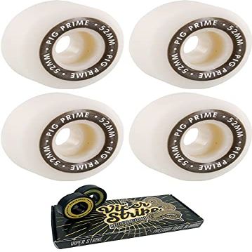Warehouse Skateboards 52mm Pig Wheels Prime Urethane White Skateboard Wheels - 103a with Viper Strike Skateboard Bearings 8mm Precision ABEC 7 Skateboard Bearings - Bundle of 2 Items