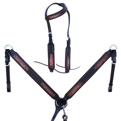 CHALLENGER Horse Western Tooled Leather Headstall Bridle Breast Collar Set 78FK20A