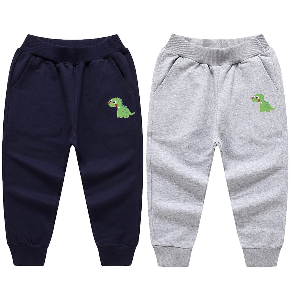 EISHOW Toddler Boys Girls Dinosaur Sweatpants Cartoon Print Sports Jogging Active Pants Kids Casual Cotton Elastic Trousers (2pcs#Royal&Gray,7-8 Years,7 Years,8 Years)
