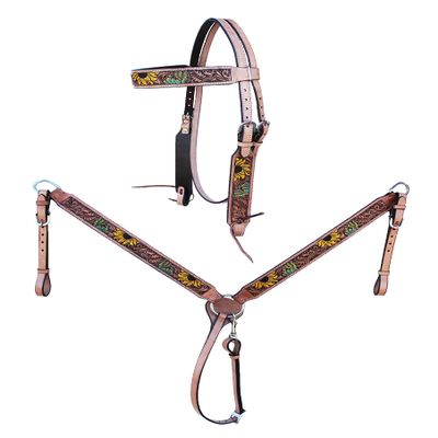 CHALLENGER Horse Western Tooled Leather Headstall Bridle Breast Collar Set 78FK21B