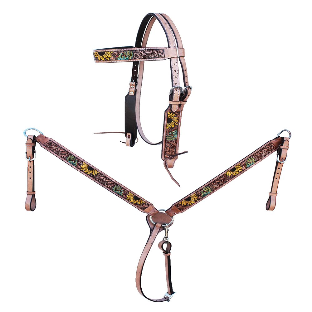 CHALLENGER Horse Western Tooled Leather Headstall Bridle Breast Collar Set 78FK21B