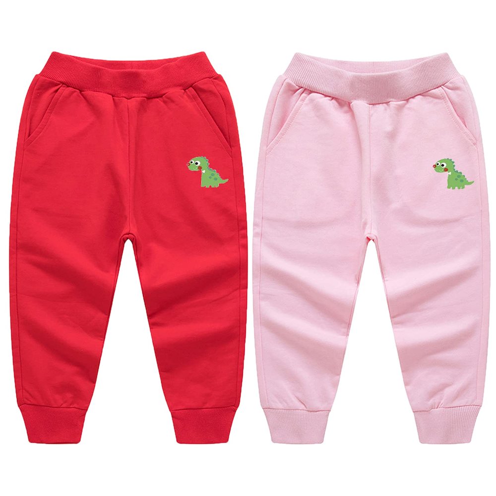EISHOW Toddler Boys Girls Dinosaur Sweatpants Cartoon Print Sports Jogging Active Pants Kids Casual Cotton Elastic Trousers (2pcs#red&Pink,3-4 Years,3 Years,4 Years)