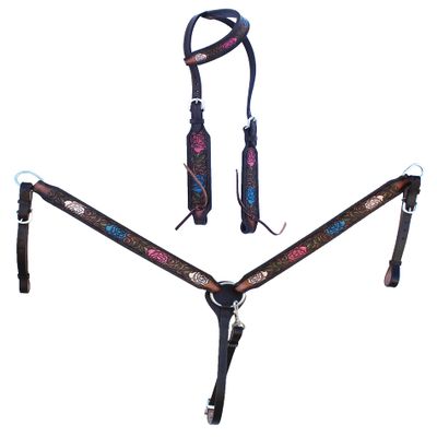 Horse Western Tooled Leather Headstall Bridle Breast Collar Set 78FK17A